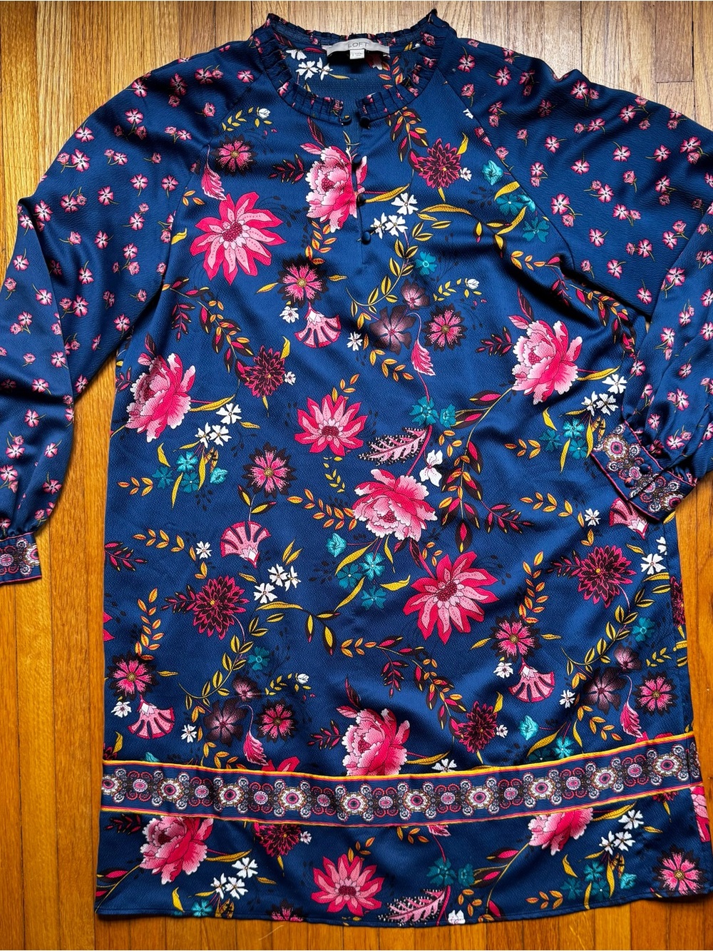 LOFT Navy Floral Button-Front Dress with Vibrant Print